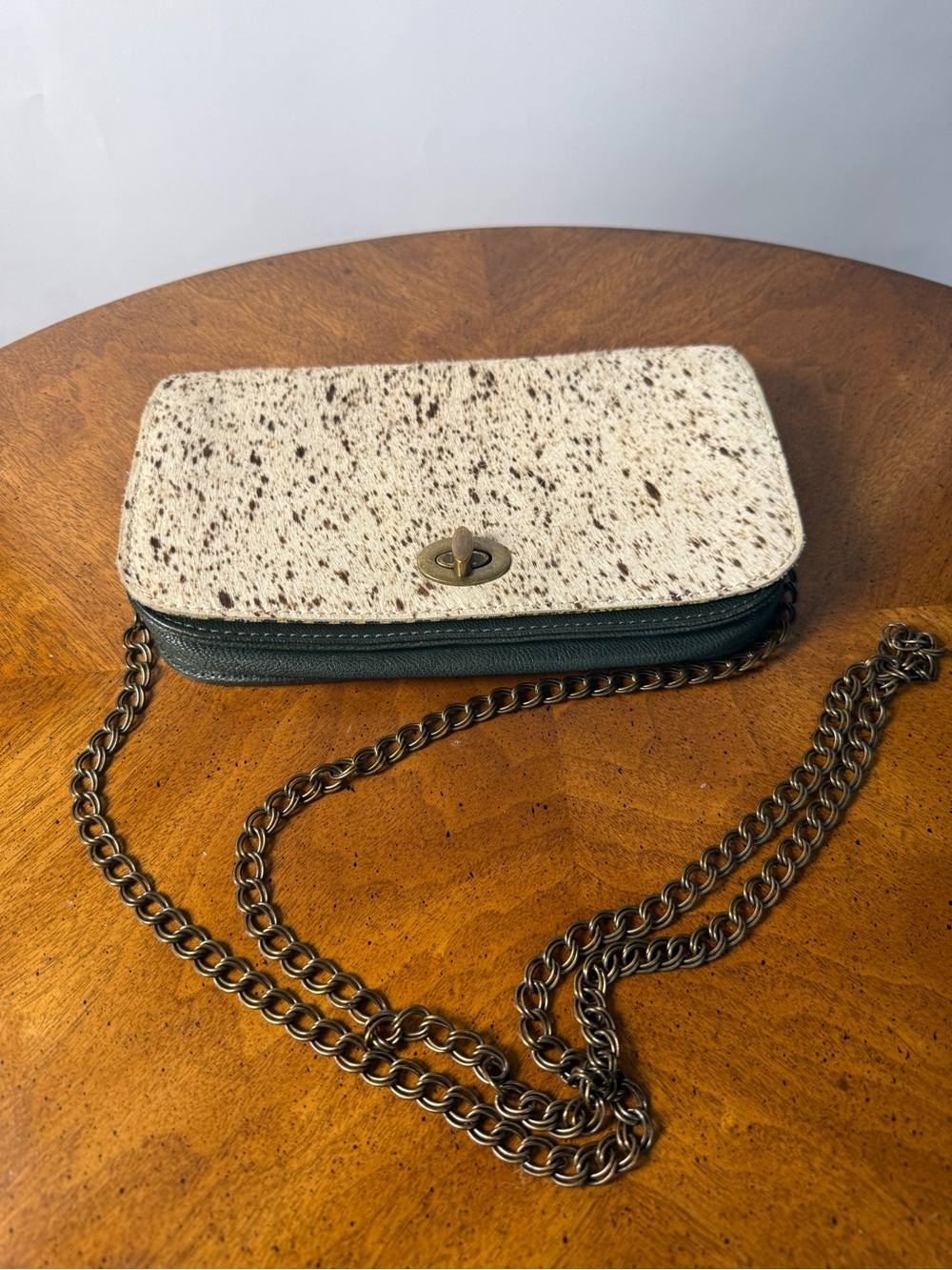 Neutral Speckled Haircalf Crossbody Bag with Chain Strap